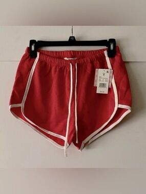 Red Athletic Drawstring Shorts with White Trim
